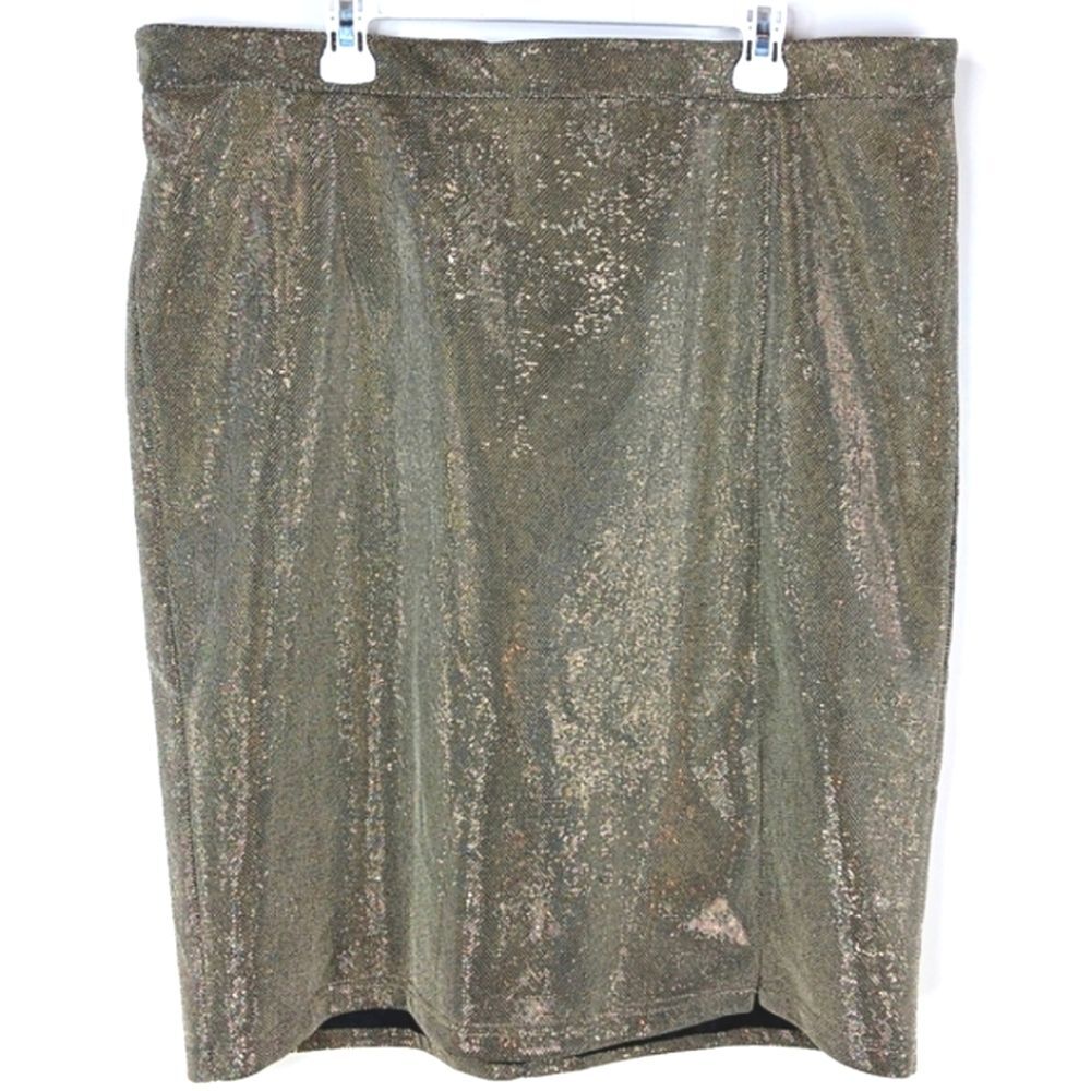 ASHLEY STEWART Metallic Gold Shimmer Below The Knee Pencil Skirt Plus Sz 22 NWT